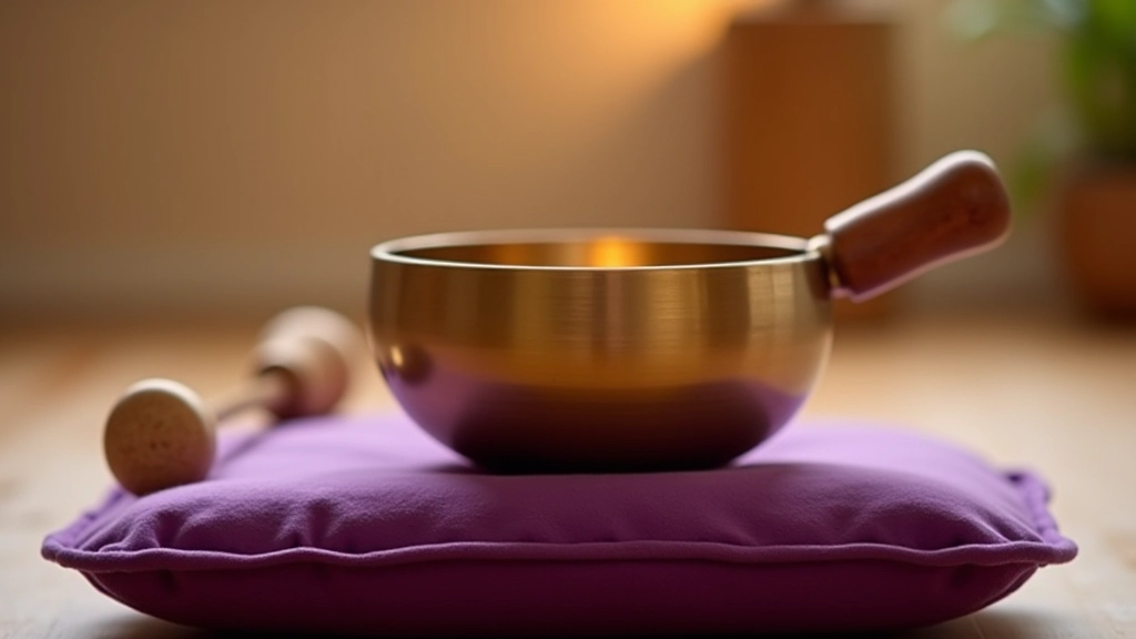 Crystal singing bowl with mallet on meditation cushion in serene retreat space with soft lighting