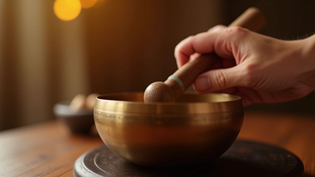 Close-up of hands playing Tibetan singing bowl with wooden mallet, vibrations visible in bowl