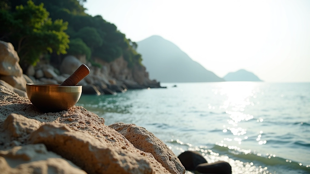 Natural landscape of Lamma Island showing lush vegetation, rocky coastline, and calm waters perfect for acoustic healing retreats