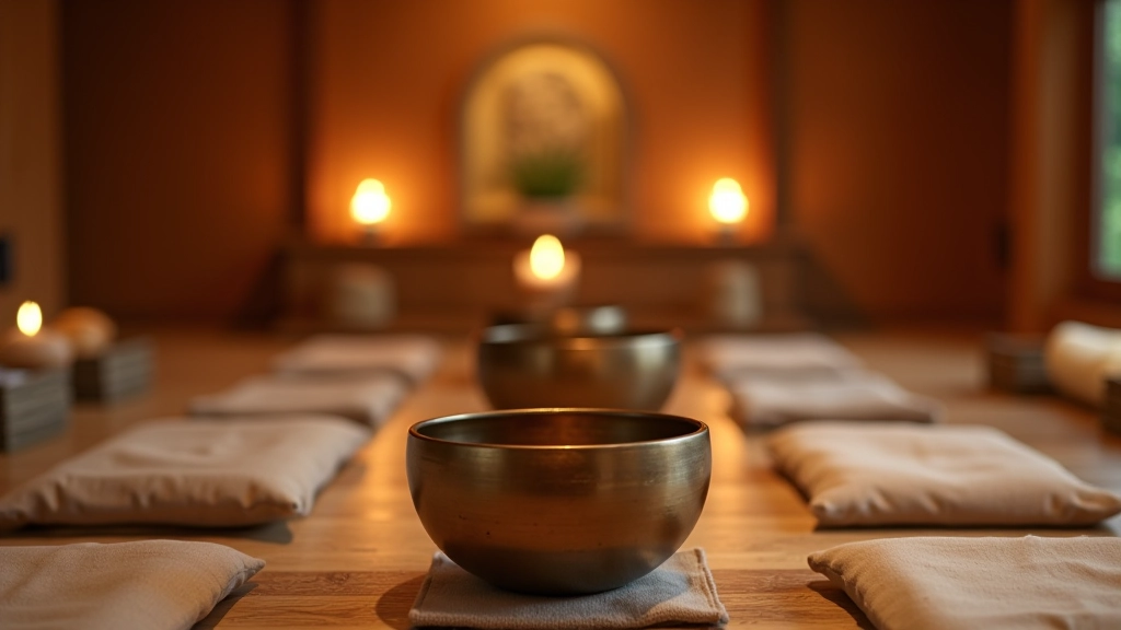 Interior of acoustic healing meditation room with singing bowls, cushions, and soft lighting for sound therapy sessions