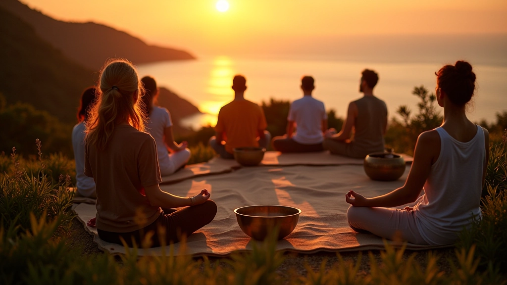 Group of people in meditation circle on Lamma Island during sunset with ocean backdrop and peaceful atmosphere