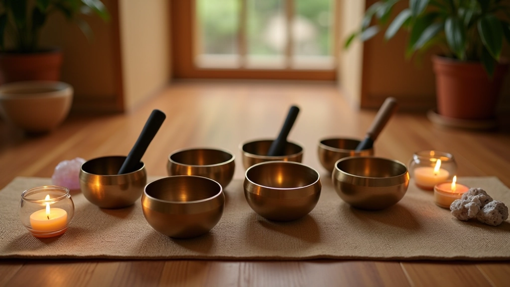 Healing session room with multiple singing bowls arranged for chakra frequency work