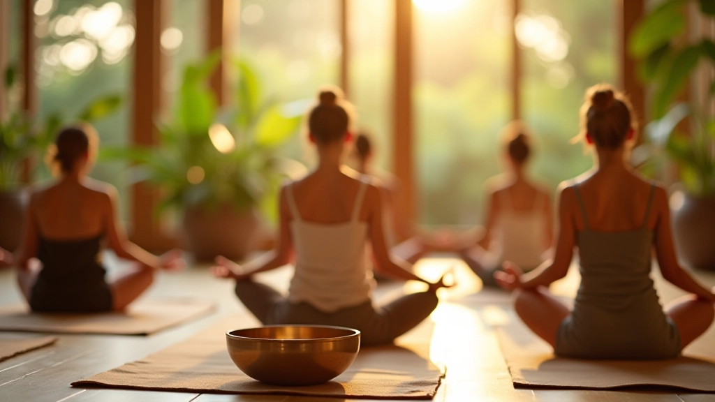 Group meditation session in retreat center with participants sitting in circle during acoustic healing practice