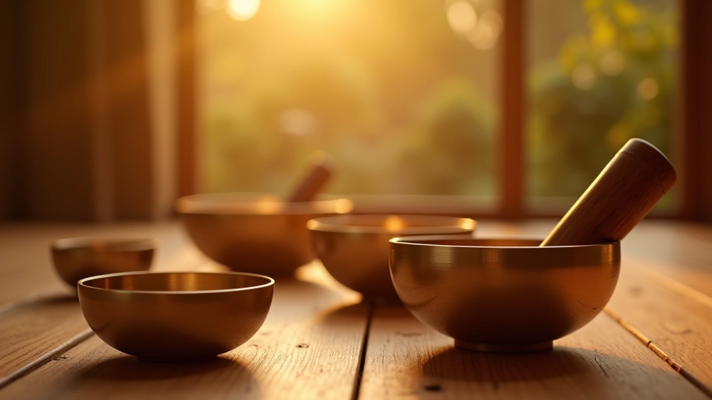 Serene sound healing meditation space with crystal singing bowls arranged on wooden surface
