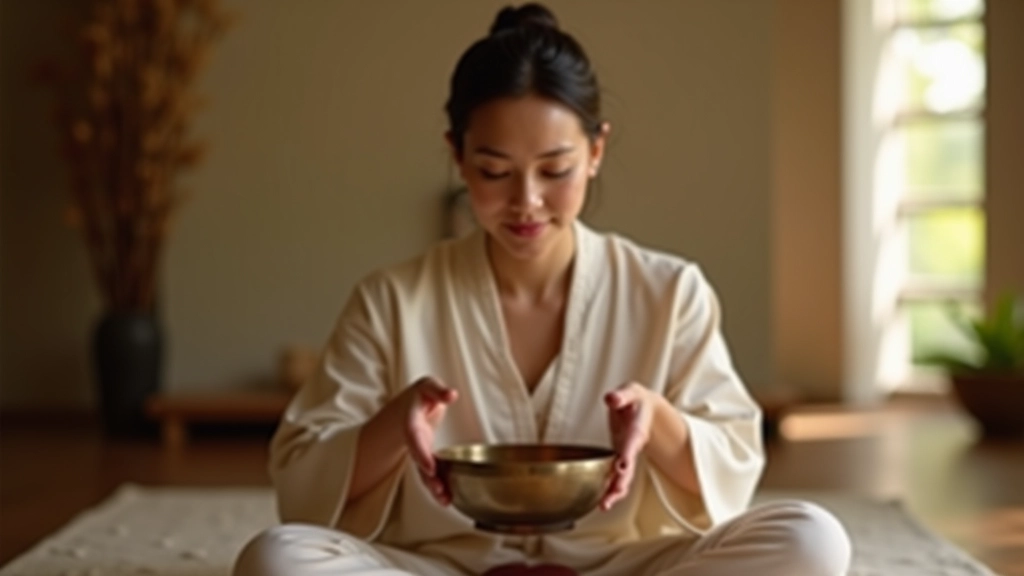 Experienced sound healing practitioner preparing instruments for acoustic meditation retreat session