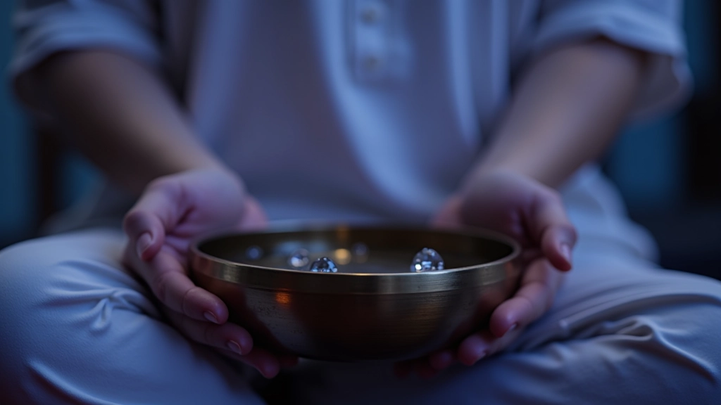 Tibetan singing bowl during sound bath session with participant in peaceful meditation state