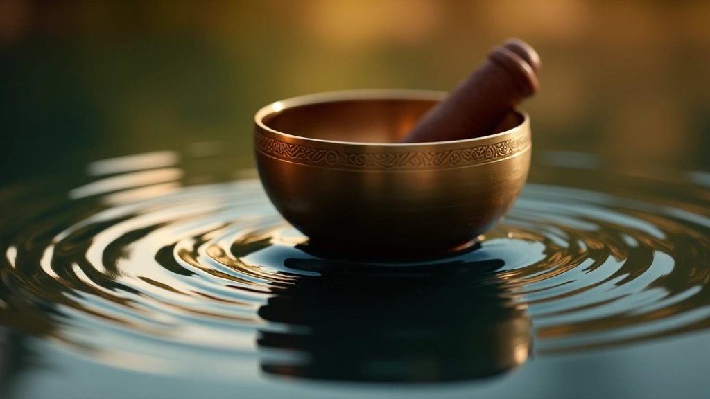 Close-up of singing bowl with water droplets showing vibration ripples during acoustic session
